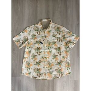 Chaps Hawaiian Shirt Men XXL Orange Beige Floral Button Up Seacoast Wash Linen